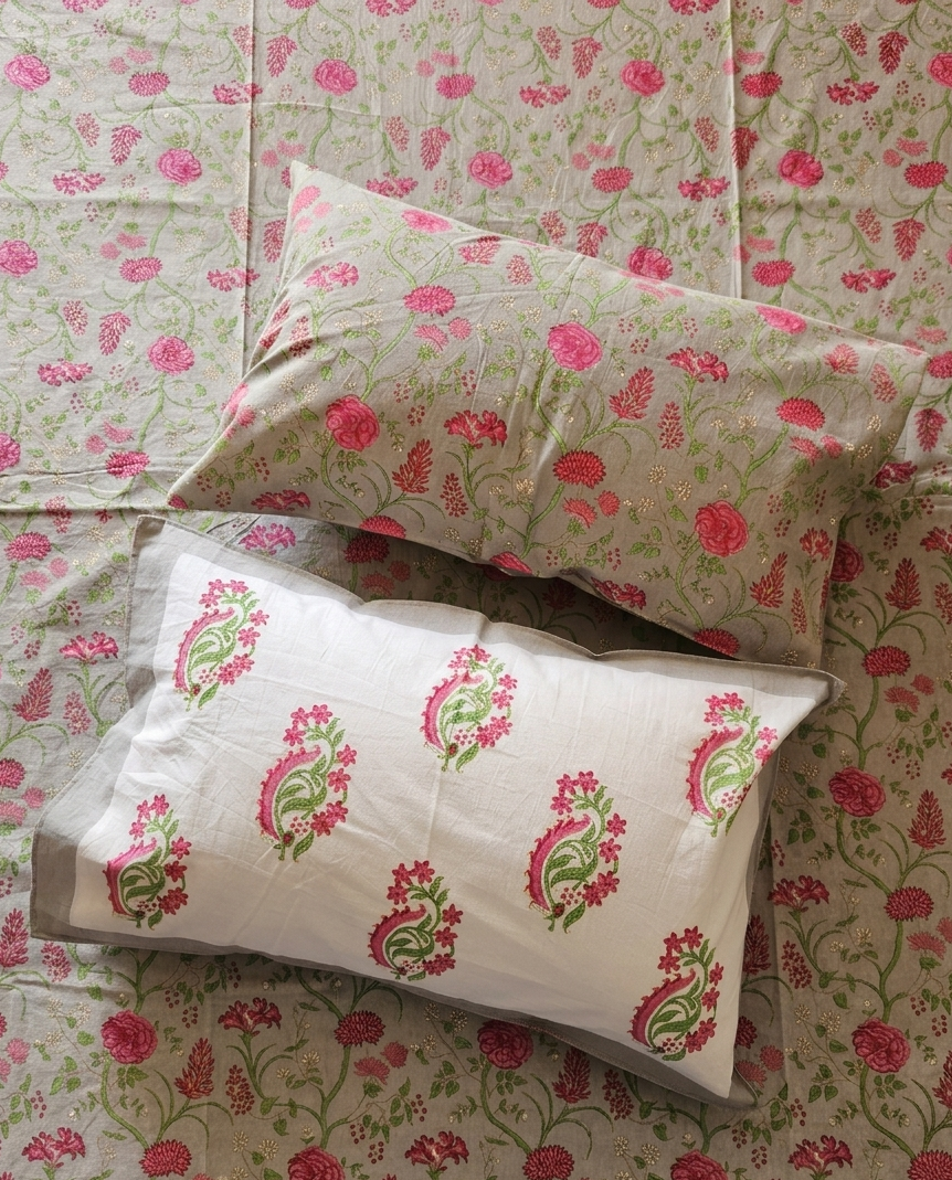 Living With Arka Sukoon cotton bedsheet in breathable everyday cotton with grey and pink floral jaal design