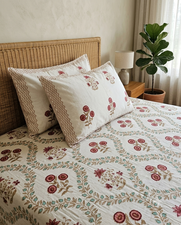 Premium 108x108 Arka Luxe Cotton handblock-inspired bedsheet with botanical floral design