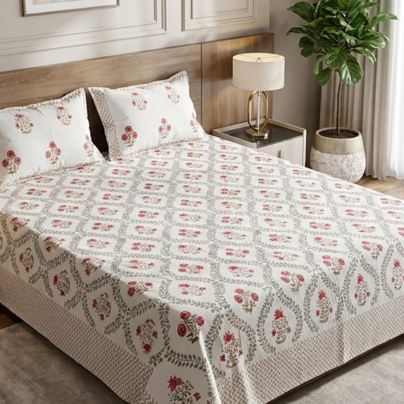 White Arka Luxe Cotton bedsheet featuring red and sage green floral vine pattern in Super King size