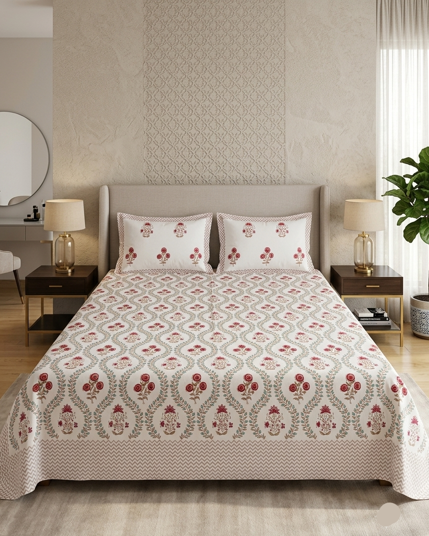 Udaan floral Super King bedsheet set with red and green handblock-inspired print styled on a wooden bed