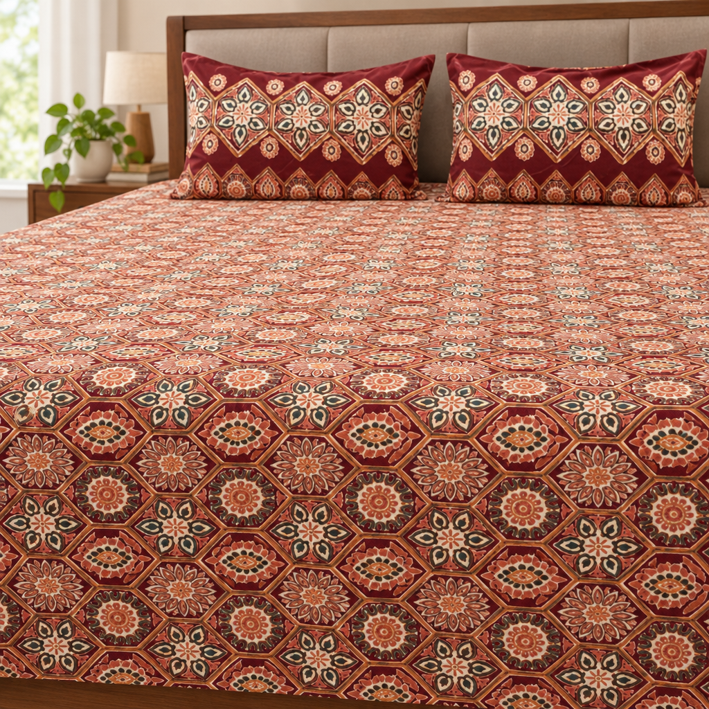 kalam -maroon |Discharge print Bedsheet | Super king size