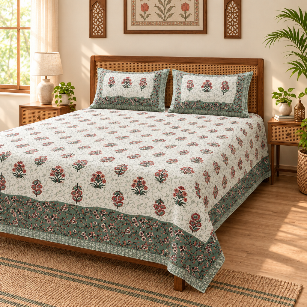 Dhoop Sage Green Floral cotton bedsheet, view 2