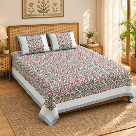 Bhavri | Pink & grey Everyday 100% Cotton Bedsheet | Super King Size