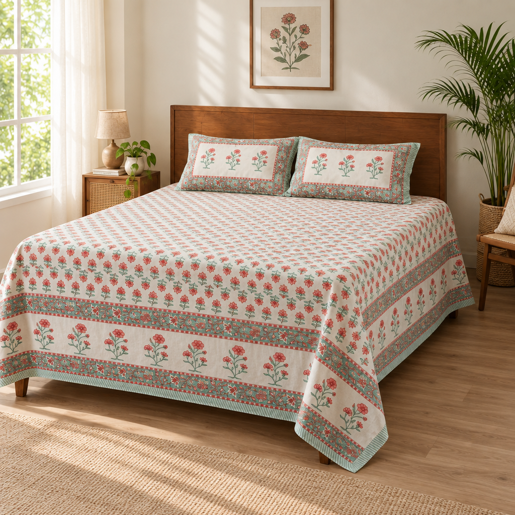 Gulzaar - Pink | Hand Block Look Cotton Bedsheet | King Size