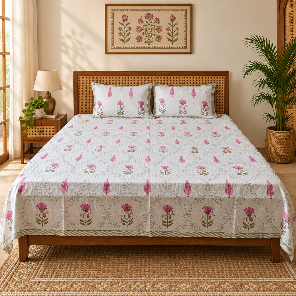 Pushpa Pink and Green cotton bedsheet