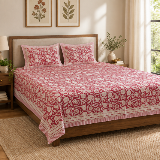 Kalakriti Red Floral cotton bedsheet, view 2