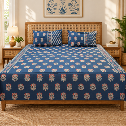 Rajwadi Blue Discharge Print Bedsheet, 108 × 108 Inches