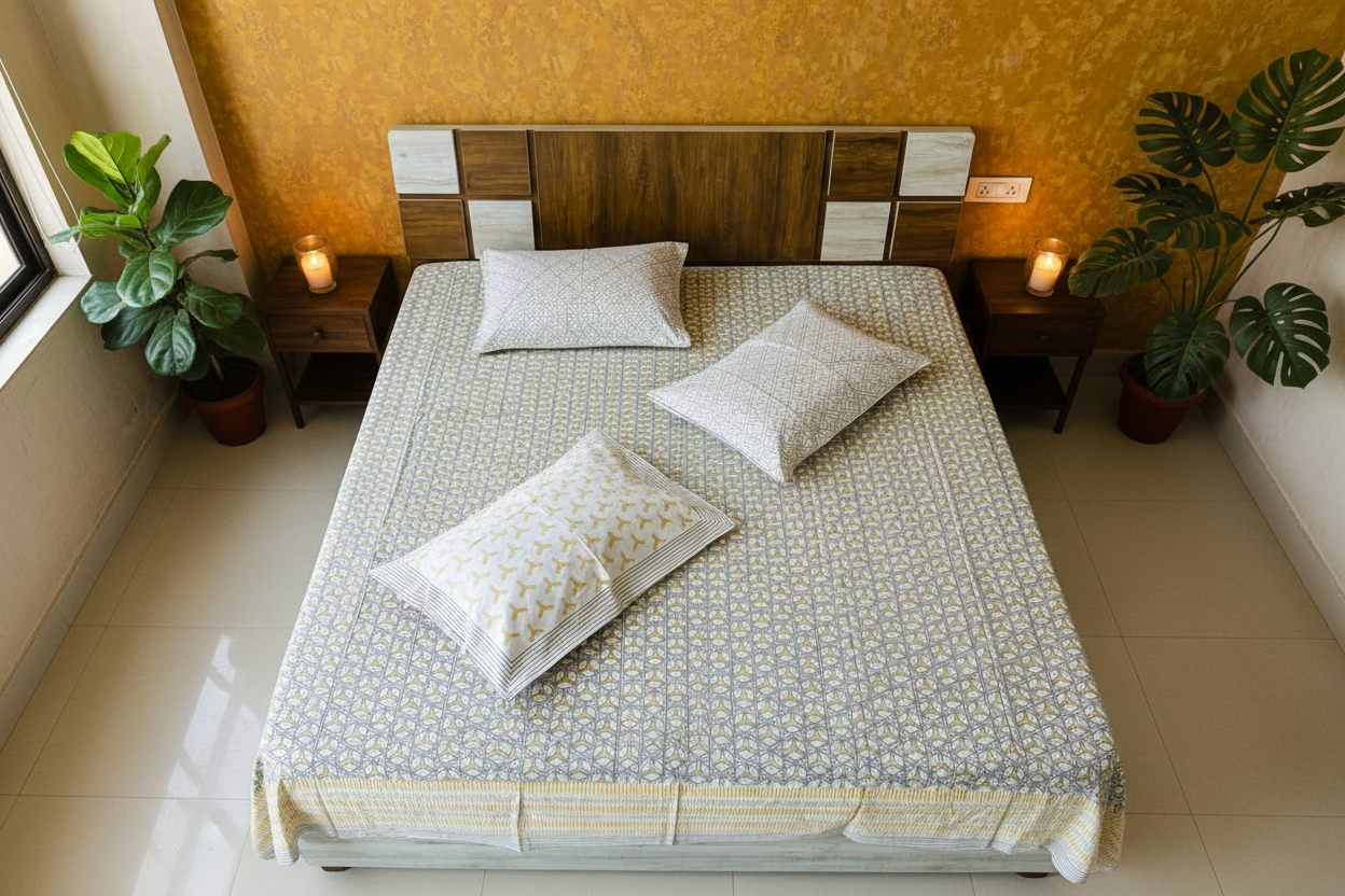 Aerial ochre bedroom
