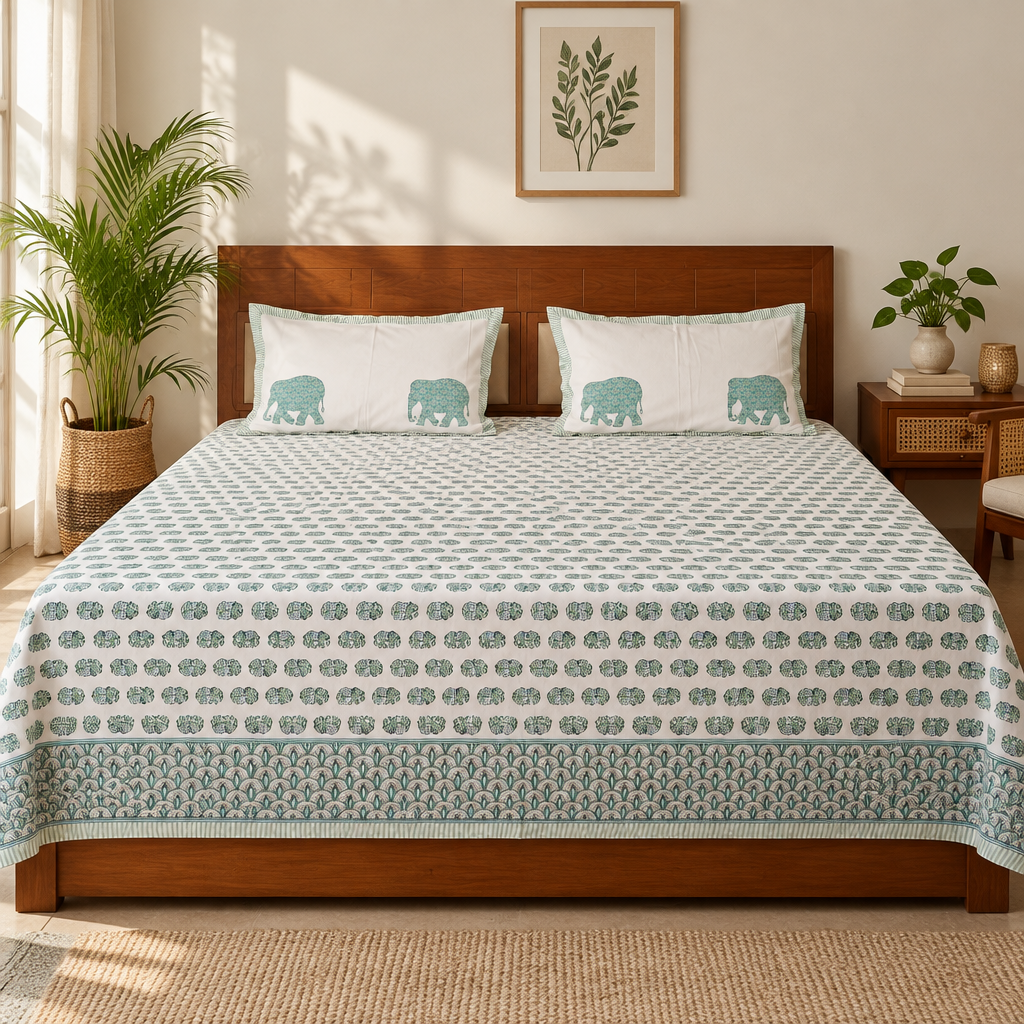 Mastani - Green Elephant Print Cotton Bedsheet | King Size