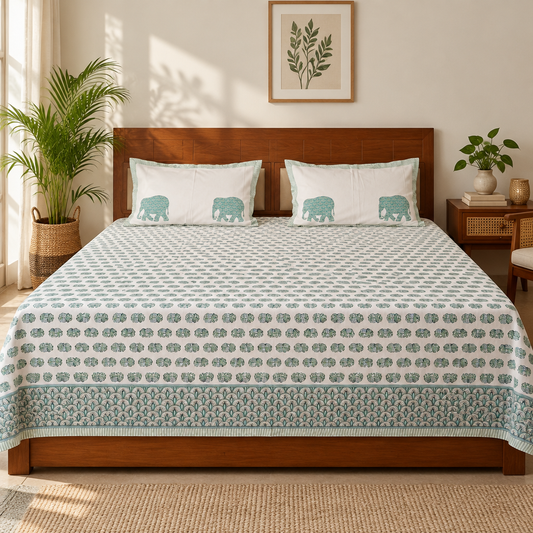 Mastani - Green Elephant Print Cotton Bedsheet | King Size