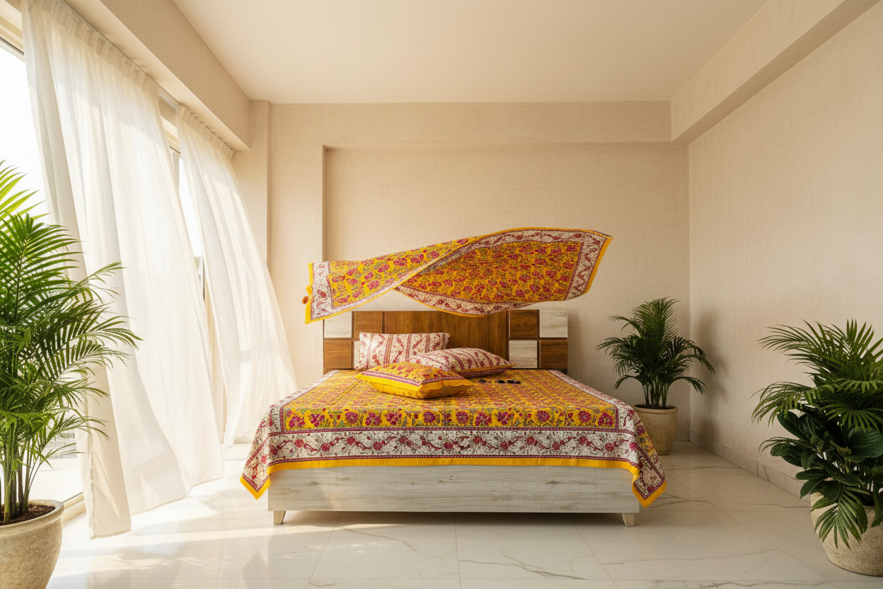 Airy Luxury Room - Yellow Pink Floral Bedsheet Floating