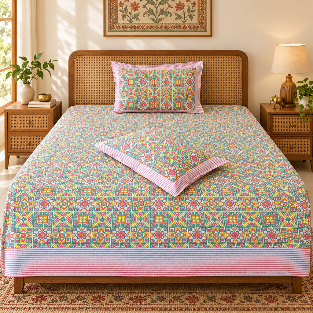Tyohar - Multi Color| Percale Cotton |Hand Block Bedsheet
