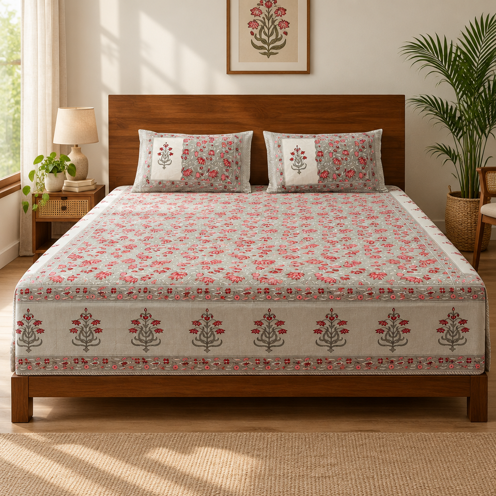 Parag - Grey and Red Hand Block Look Cotton Bedsheet | King Size
