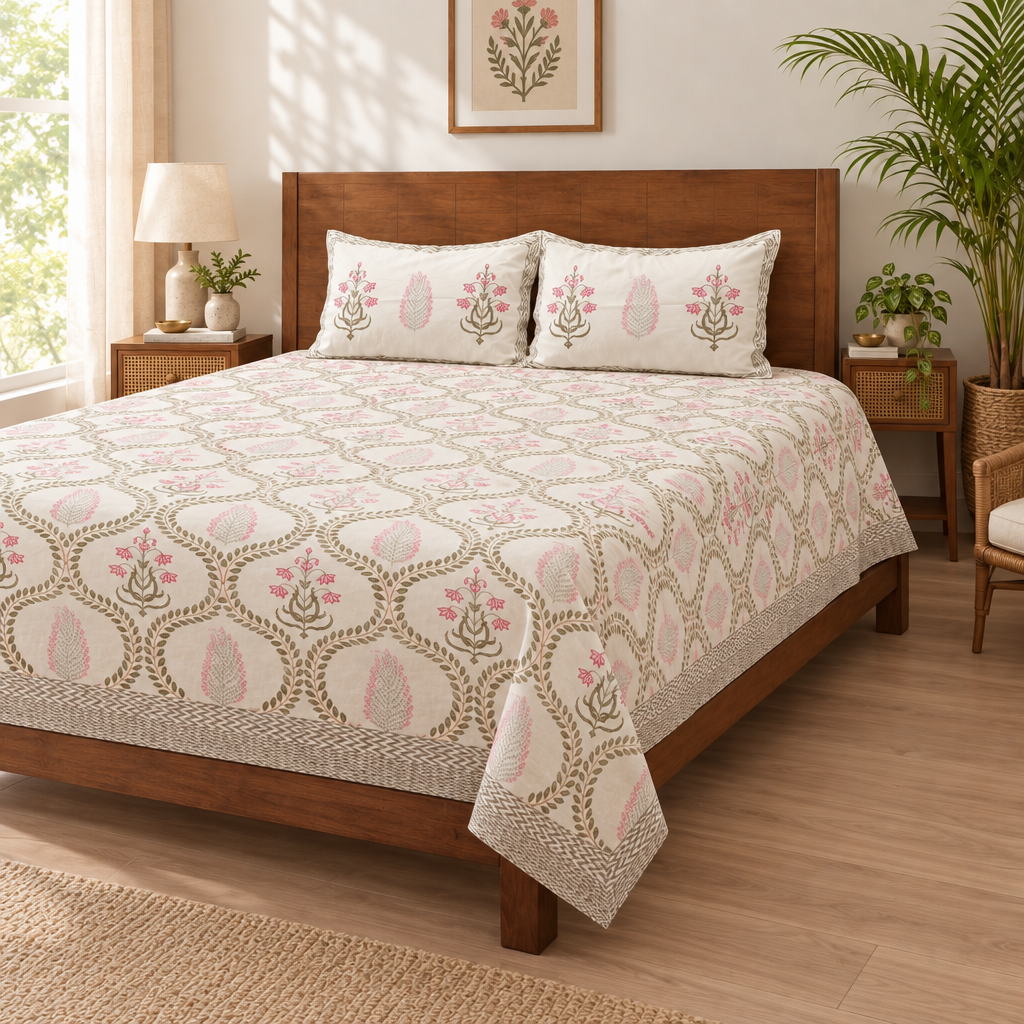 Suhani - Green and Pink Hand Block Look Cotton Bedsheet | King Size