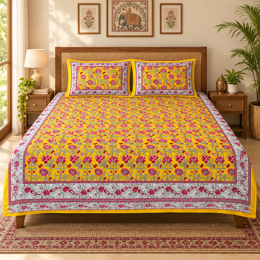 Basantni bedsheet styled on an elegant bed with rug and wall art