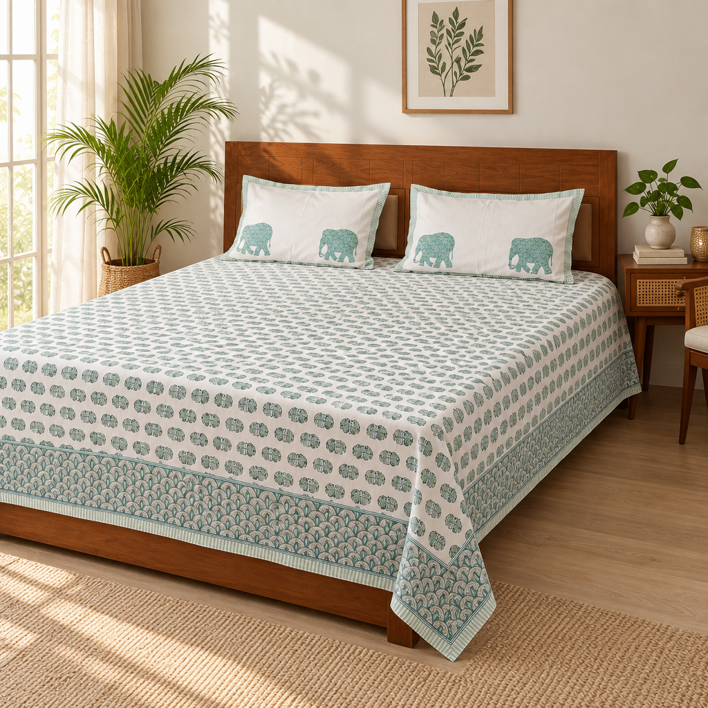 Mastani - Green Elephant Print Cotton Bedsheet | King Size