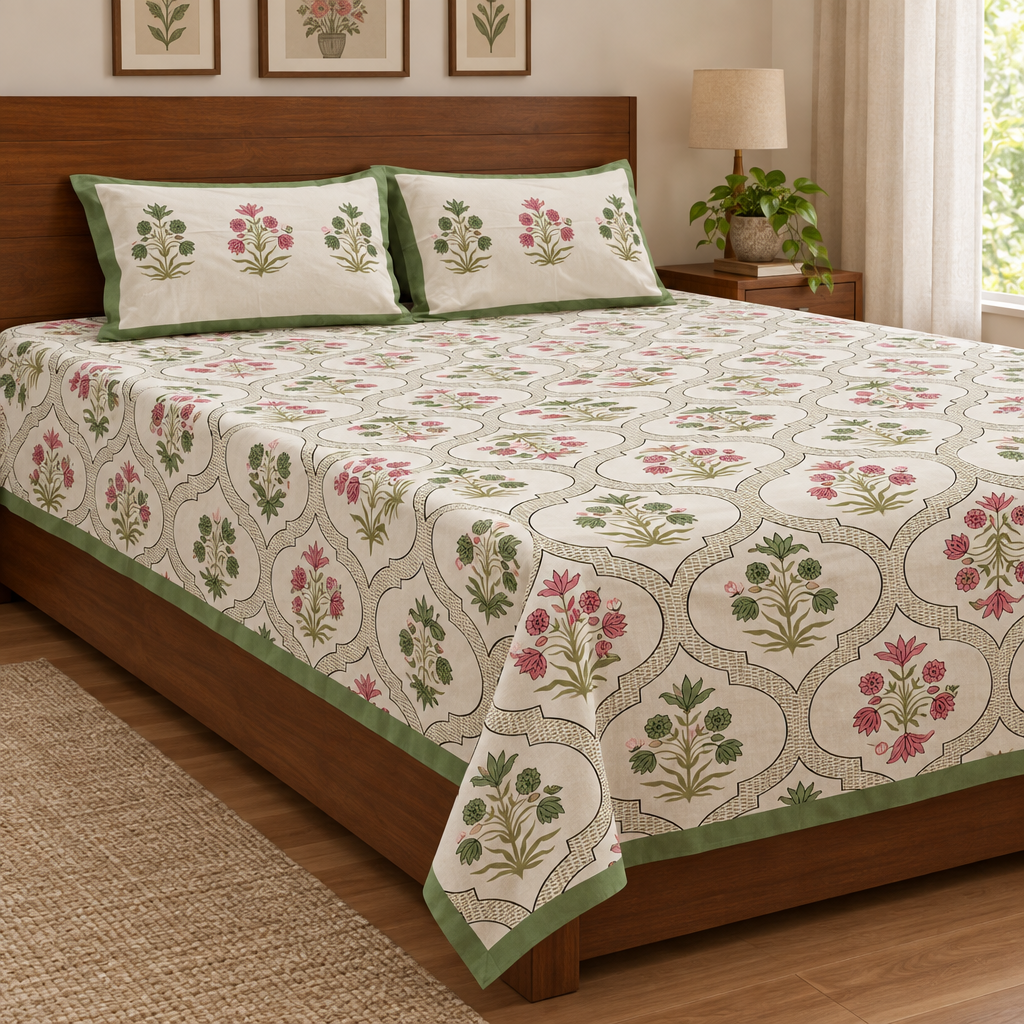Abhilasha -Pink and Green |Everyday 100%Cotton | King Size Bedsheet