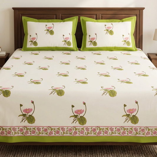 Bedsheet-focused view with a clearer lotus print and floral border