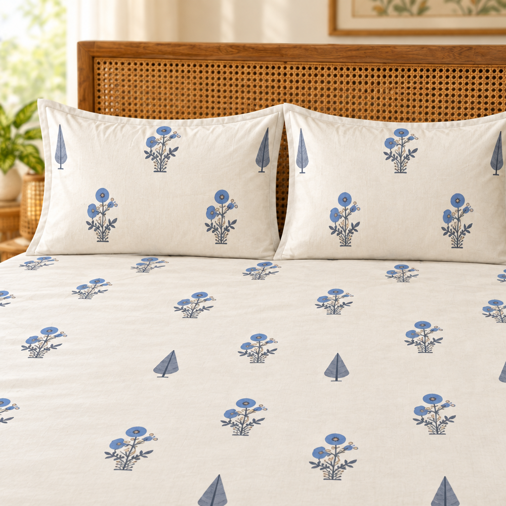 Umraav Blue Floral cotton bedsheet, view 3