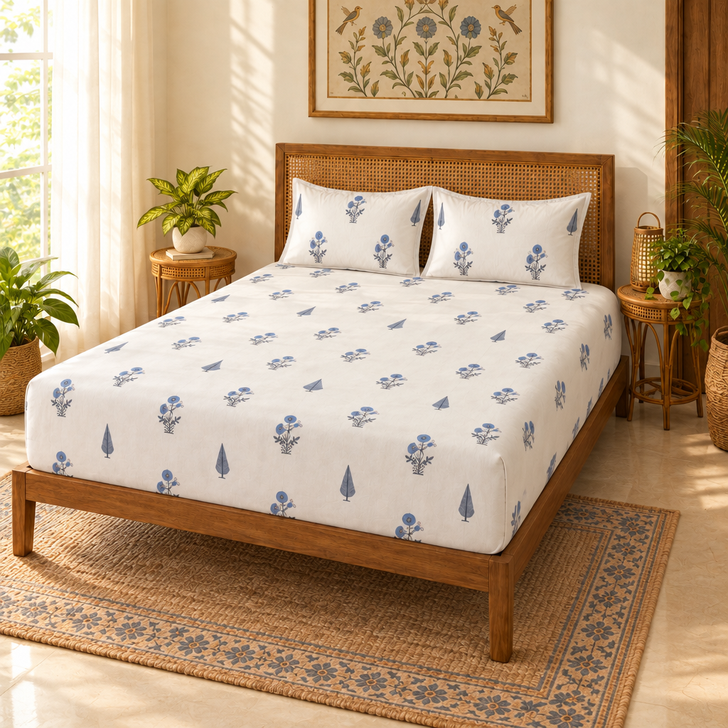 Umraav Blue Floral cotton bedsheet, view 2