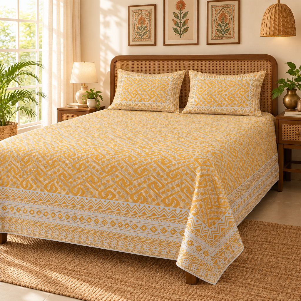 Raahi Yellow cotton bedsheet, view 2