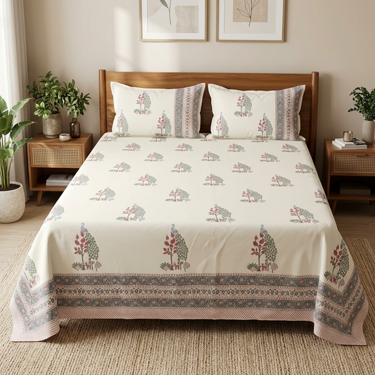 Bedsheet styled on an elegant bed with wall art, a neutral rug, and plants