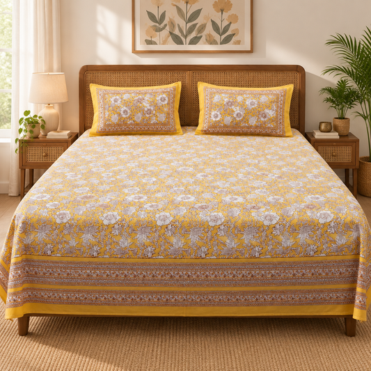 Bedsheet styled with rug and wall art