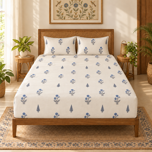Bedsheet styled with two matching pillows, rug, and wall art