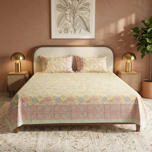 Bedsheet with slightly brighter yellow and floral colours on the super king bed