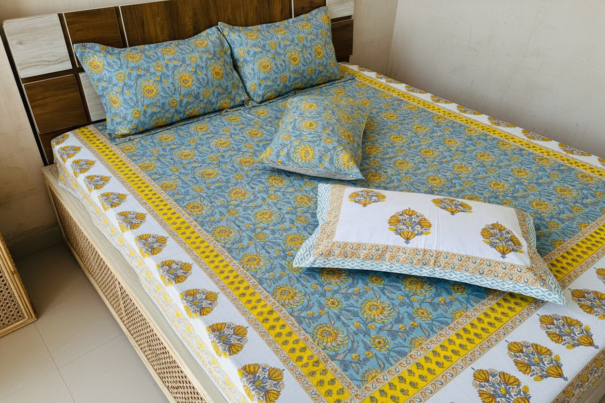 Veena- blue and yellow |Everyday 100% cotton  bedsheet |king size