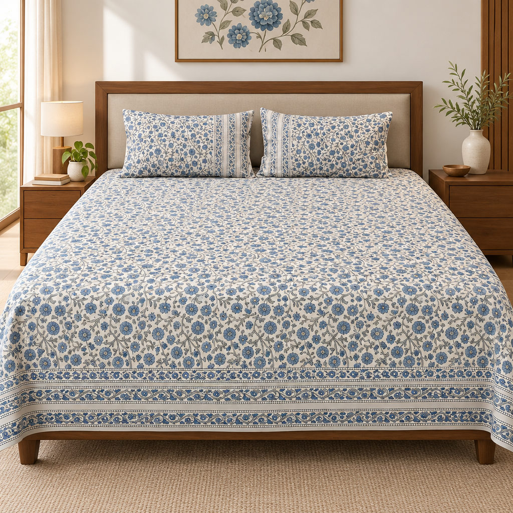 Neelu Cream and Blue cotton bedsheet