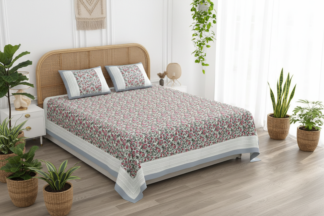 Bhavri | Pink & grey Everyday 100% Cotton Bedsheet | Super King Size