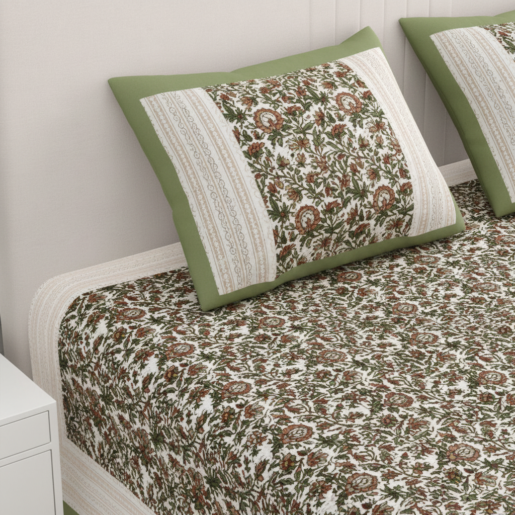 Bhavri | Green & White Everyday 100% Cotton Bedsheet | Super King Size