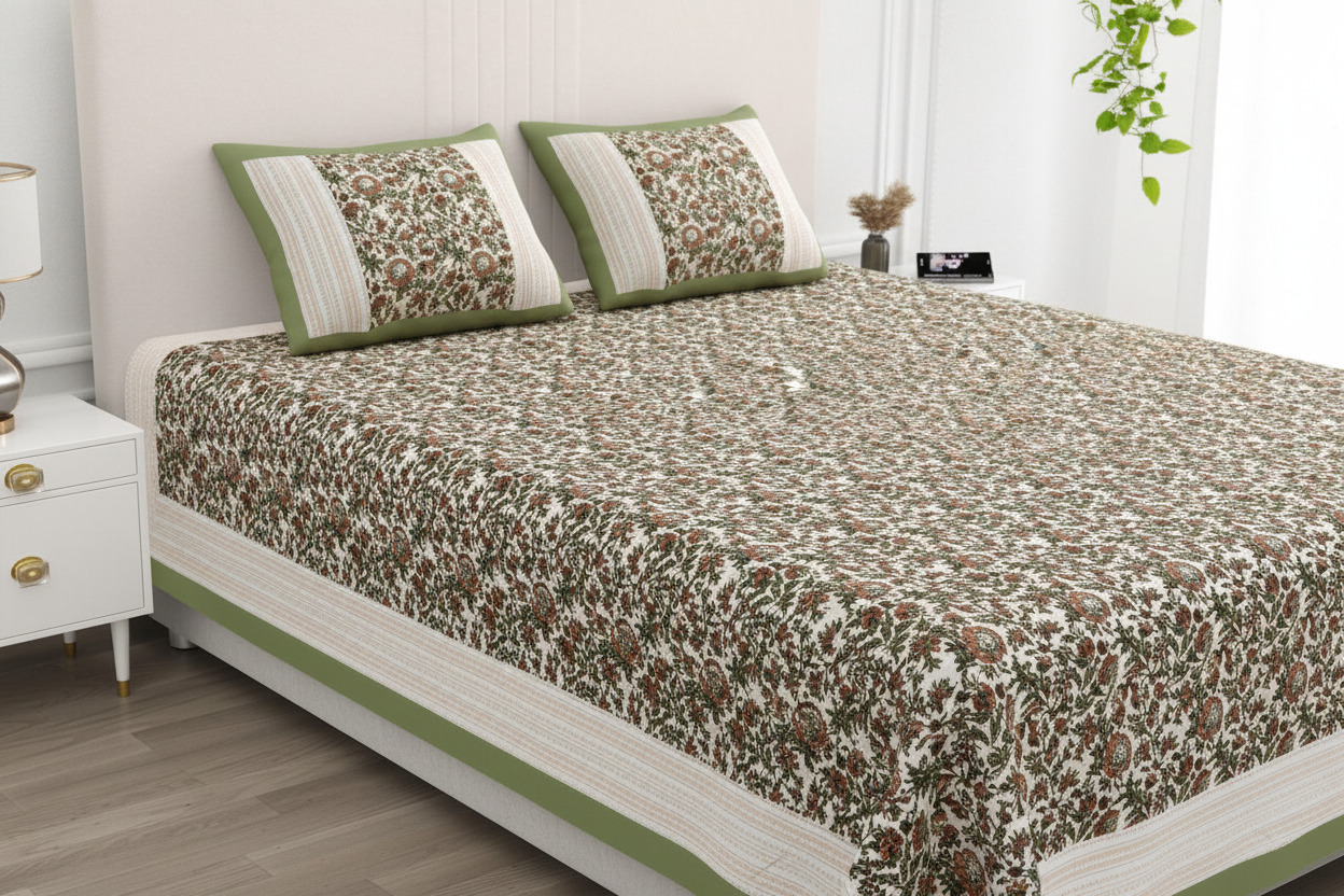 Bhavri | Green & White Everyday 100% Cotton Bedsheet | Super King Size