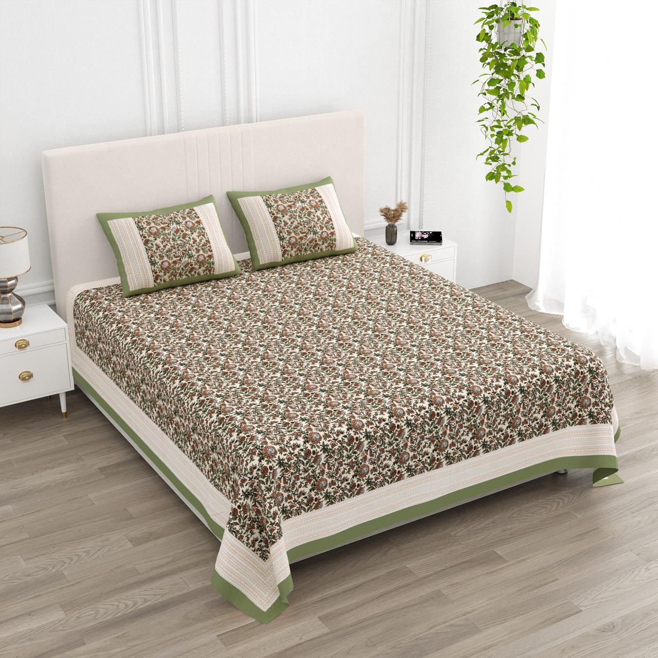 Bhavri | Green & White Everyday 100% Cotton Bedsheet | Super King Size