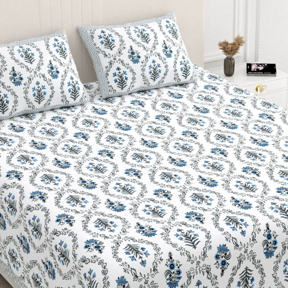 Bichona Blue Floral Block Print Bedsheet – Super King Size