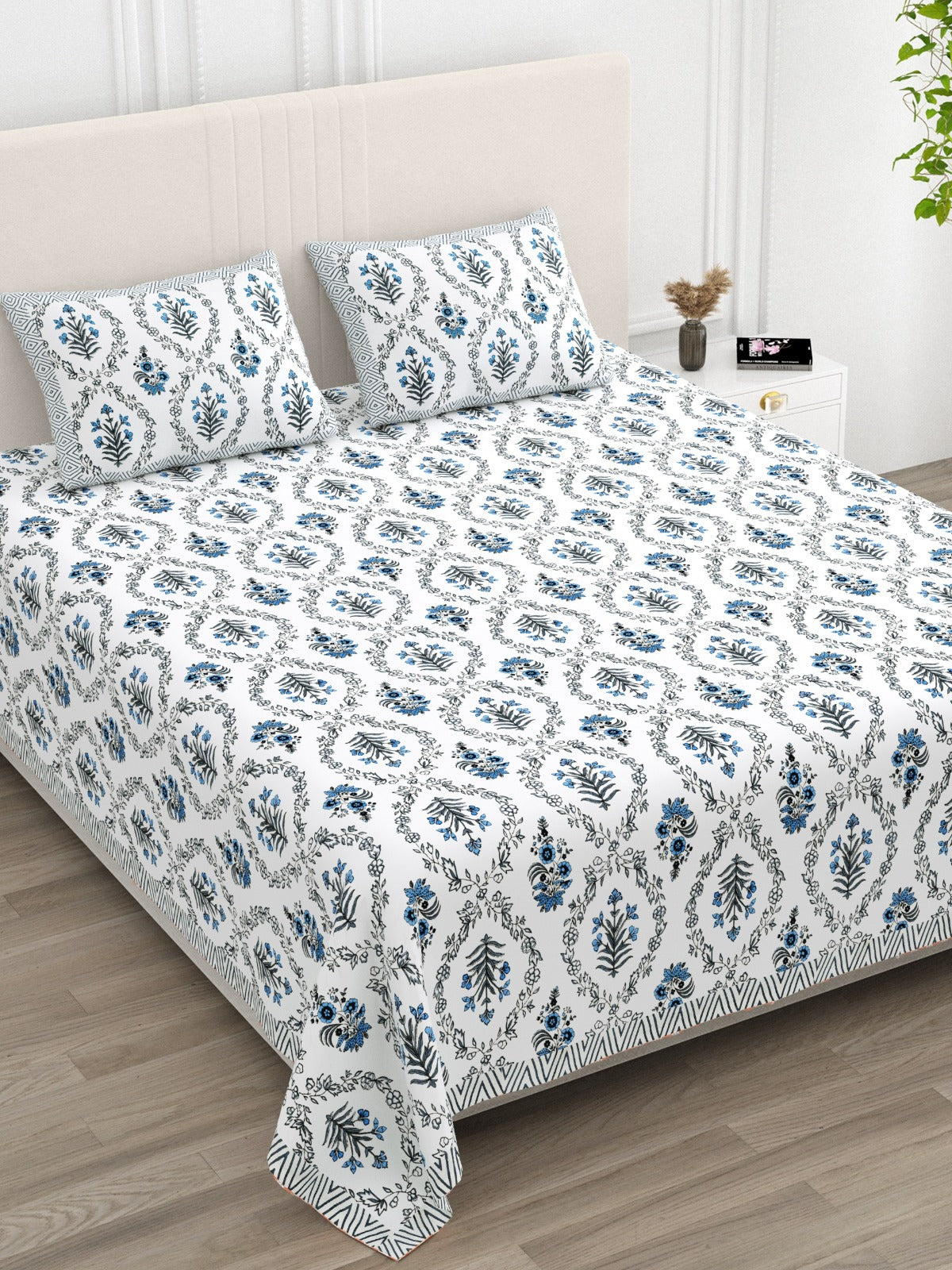 Bichona Blue Floral Block Print Bedsheet – Super King Size