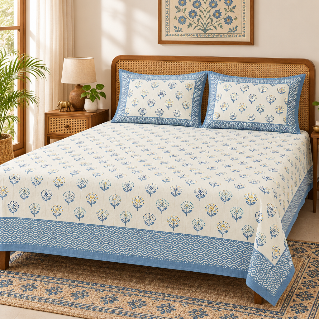 Bindu bedsheet styled with rug and wall art