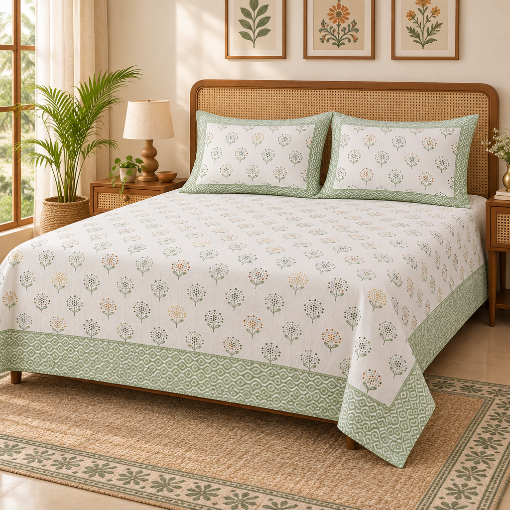 Bindu Green bedsheet styled with rug and wall art