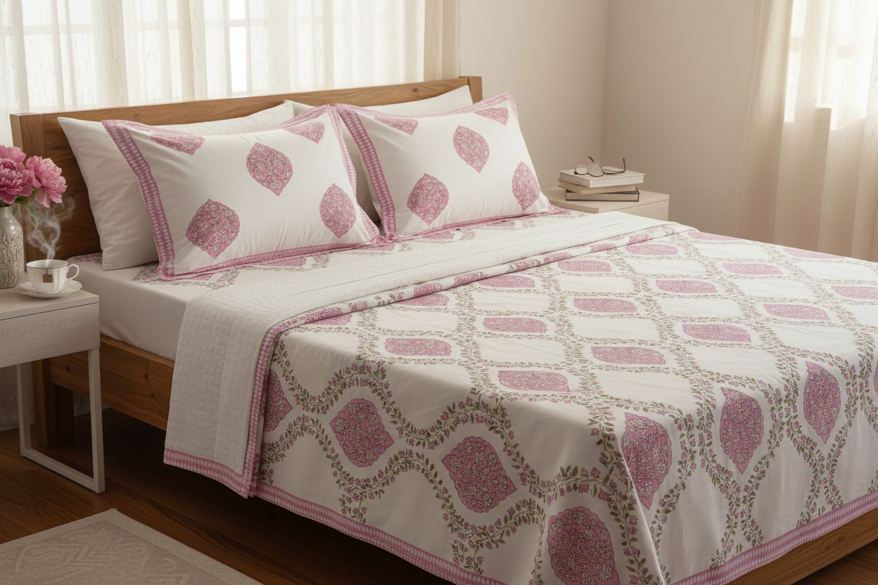 Chaapa - Pink and Green | Everyday 100%Cotton Bedsheet| Super King Size
