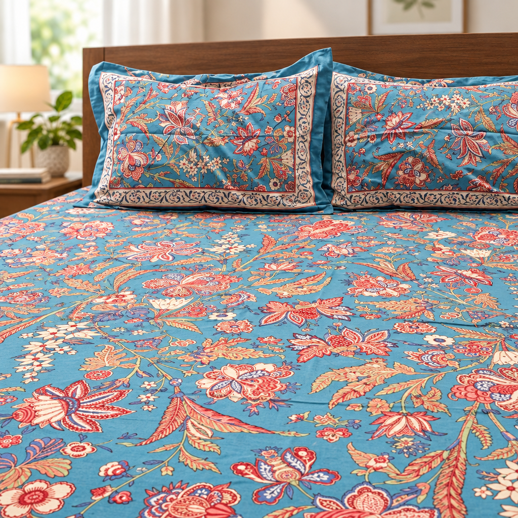 Blue multi-flower bedsheet close view of print
