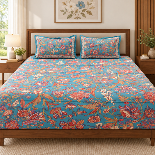 Blue multi-flower bedsheet styled with rug and wall art