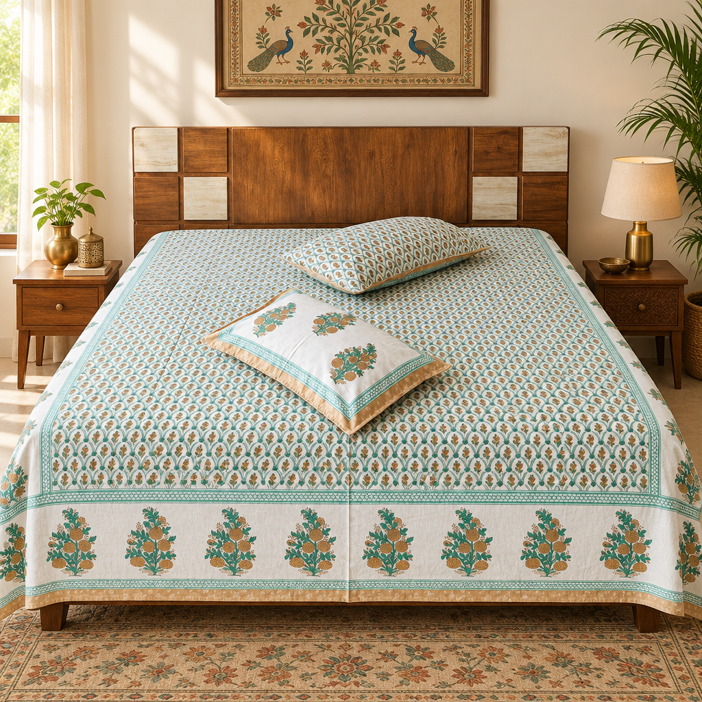 Boota Cream bedsheet styled with its original pillows, rug, and wall art