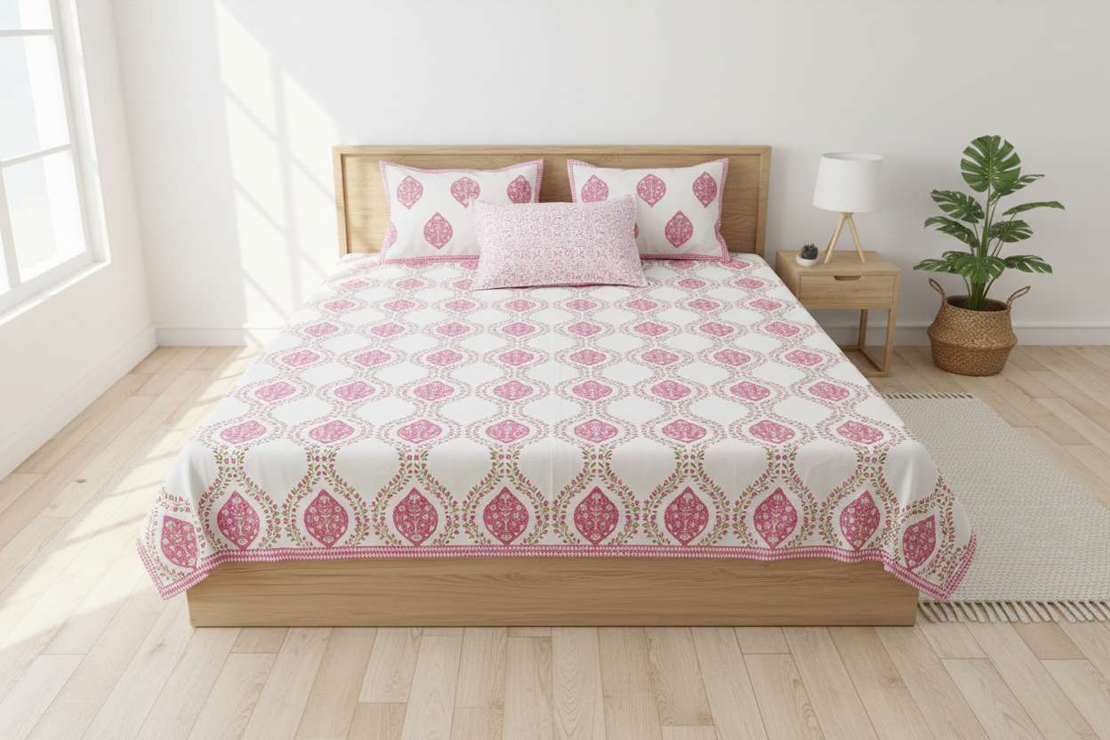 Chaapa - Pink and Green | Everyday 100%Cotton Bedsheet| Super King Size