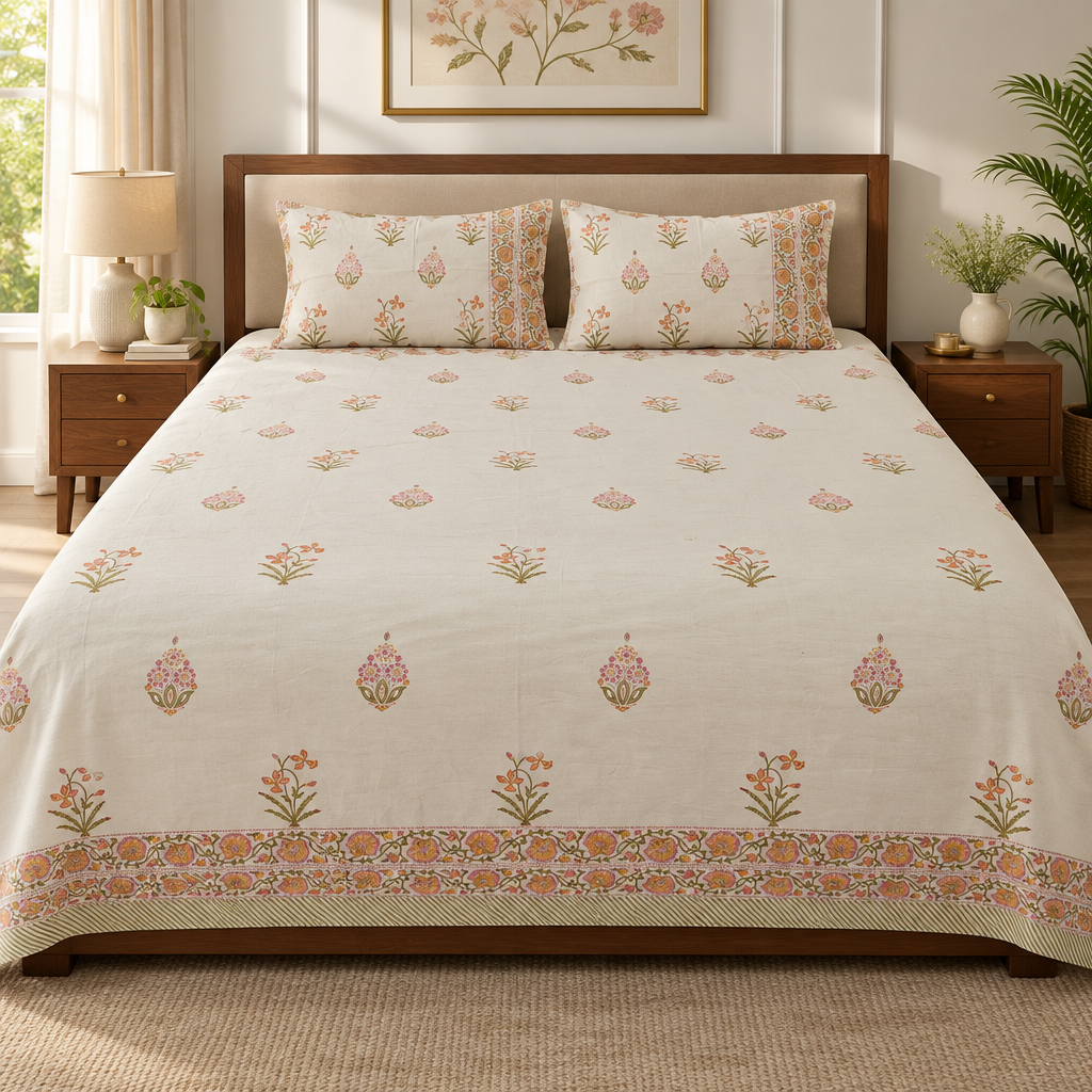 Sur- cream and orange | parcel cotton 400Tc | Hand Block