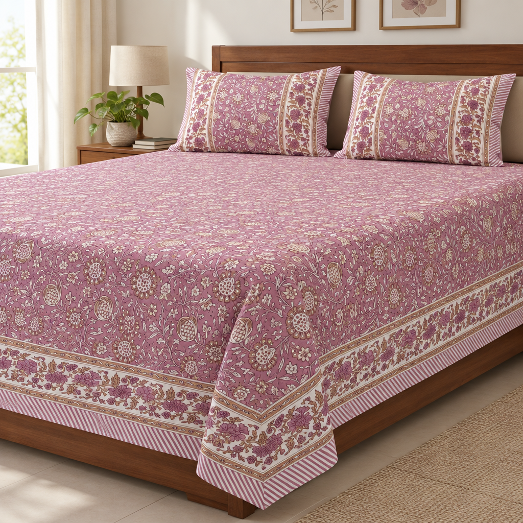 Aanar - Pink | Everyday 100%Cotton |King Size Bedsheet