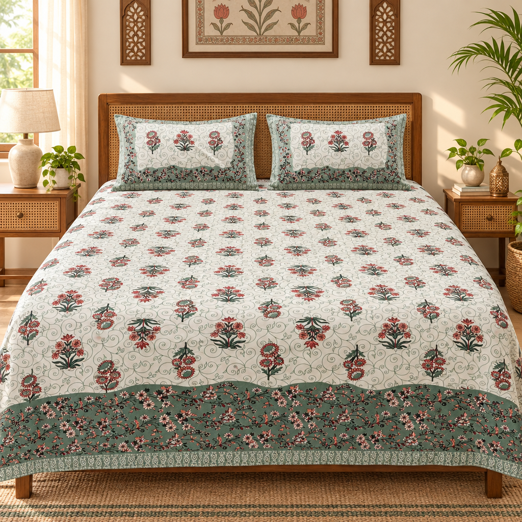 Dhoop Sage Green Floral cotton bedsheet