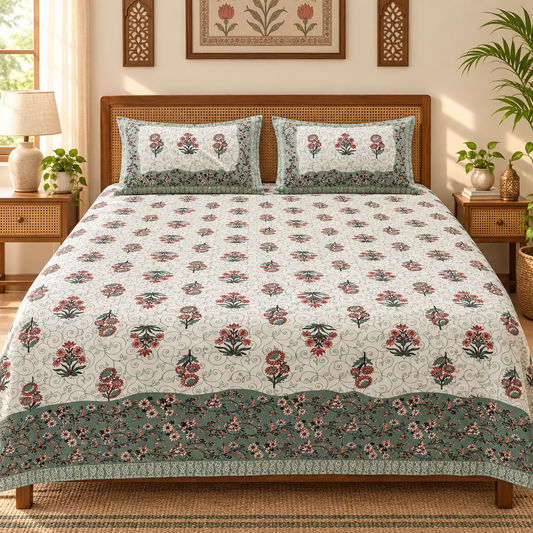 Dhoop – Sage Green Floral |Everyday 100%Cotton|SuperKing Bedsheet