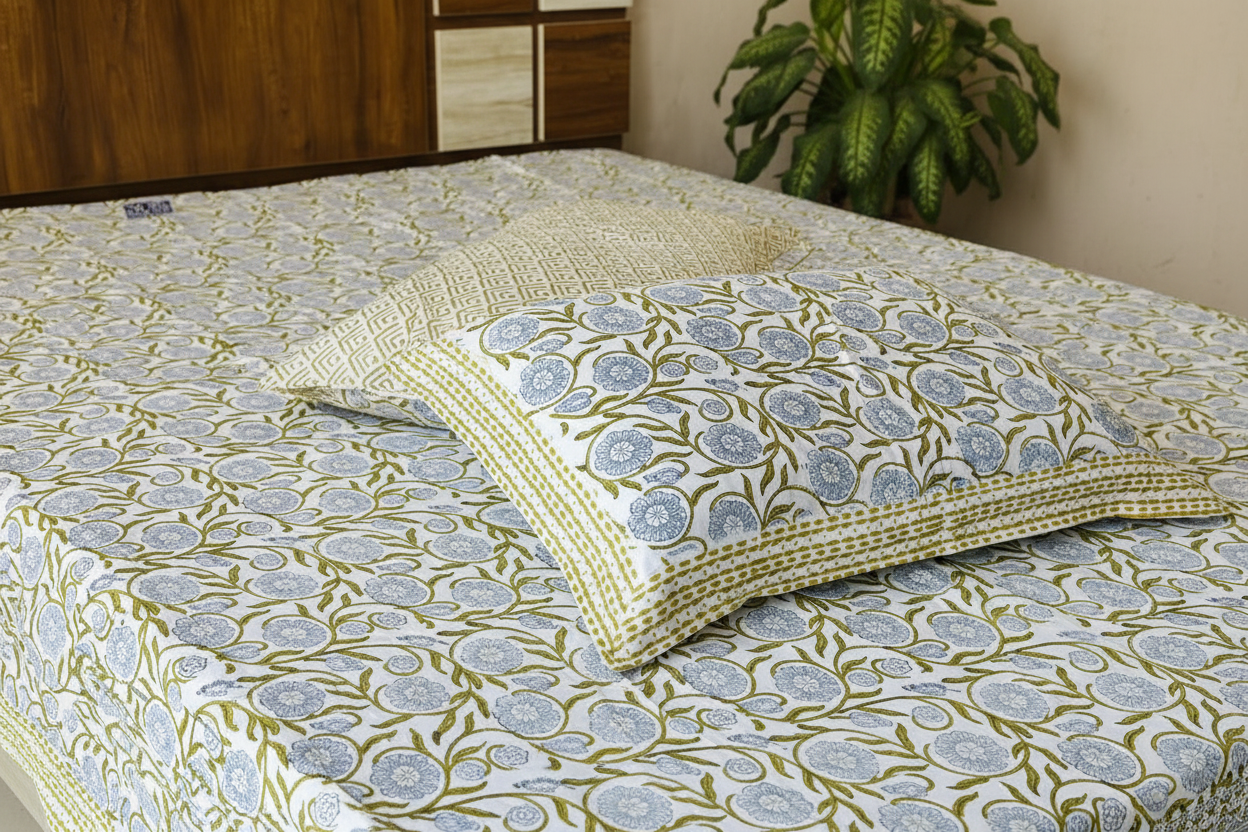 Close Look - Blue Medallion Green Vine Bedsheet & Pillows