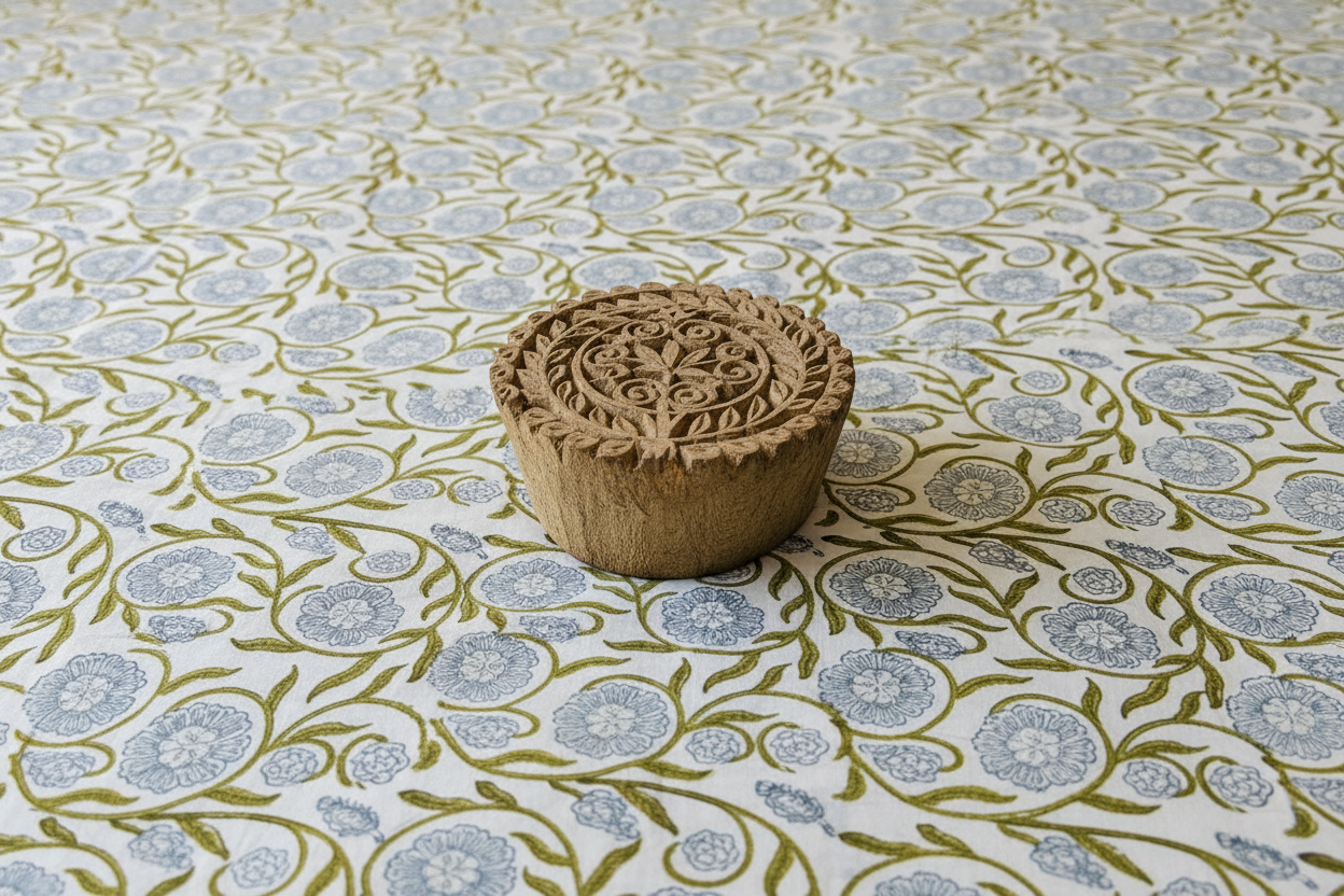 Close Print Detail with Wooden Block - Blue Medallion Green Vine